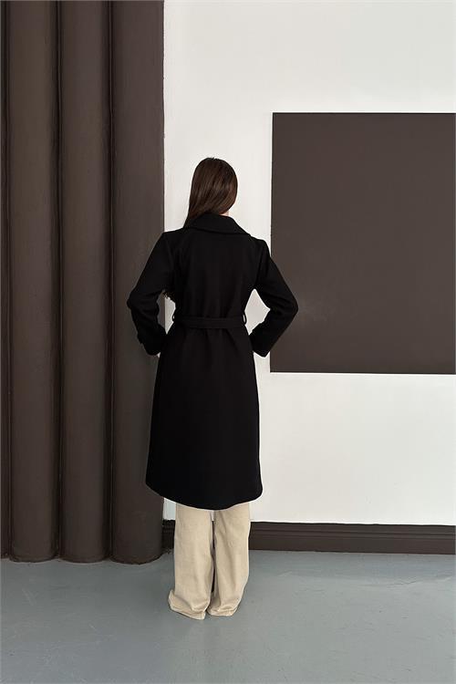 Dipmoda kadın siyah düğme detaylı kuşaklı midi boy astarlı kaşe kaban RYKBN02
