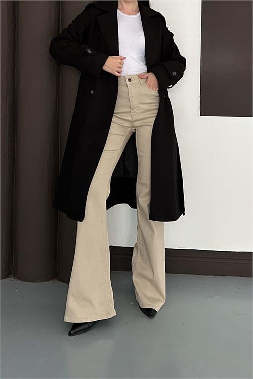 Dipmoda kadın siyah düğme detaylı kuşaklı midi boy astarlı kaşe kaban RYKBN02