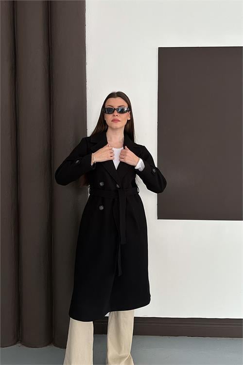 Dipmoda kadın siyah düğme detaylı kuşaklı midi boy astarlı kaşe kaban RYKBN02