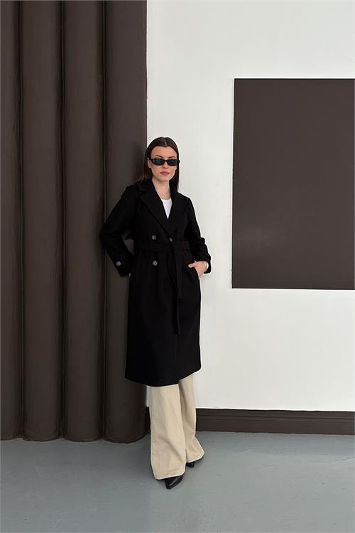 Dipmoda kadın siyah düğme detaylı kuşaklı midi boy astarlı kaşe kaban RYKBN02