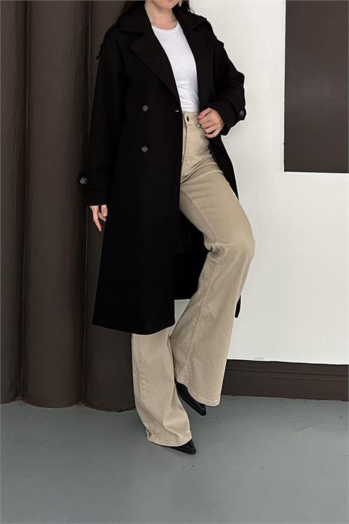 Dipmoda kadın siyah düğme detaylı kuşaklı midi boy astarlı kaşe kaban RYKBN02