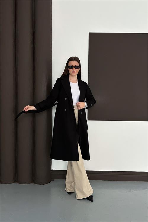 Dipmoda kadın siyah düğme detaylı kuşaklı midi boy astarlı kaşe kaban RYKBN02