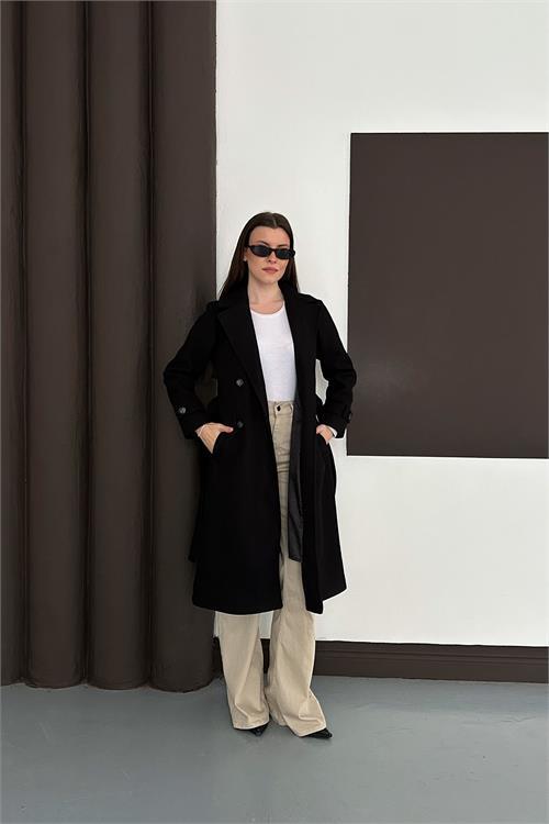 Dipmoda kadın siyah düğme detaylı kuşaklı midi boy astarlı kaşe kaban RYKBN02