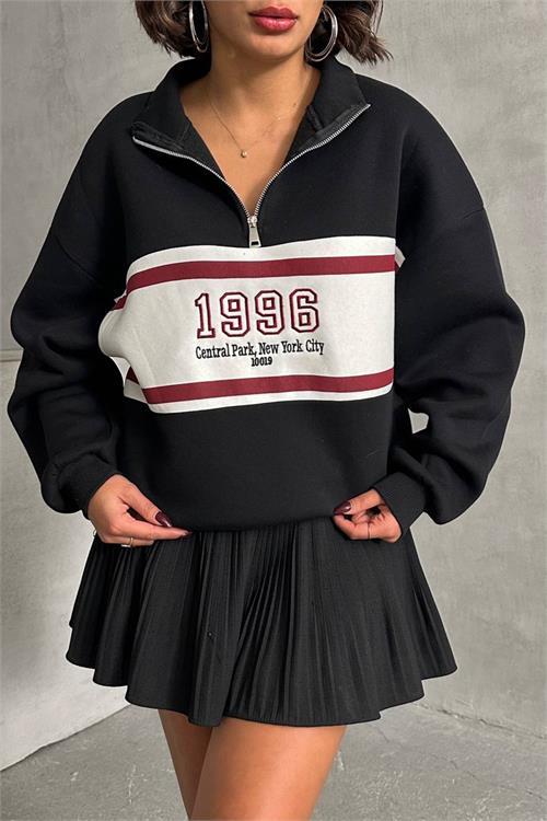Dipmoda kadın siyah fermuar detaylı sweatshirt DPNBG060