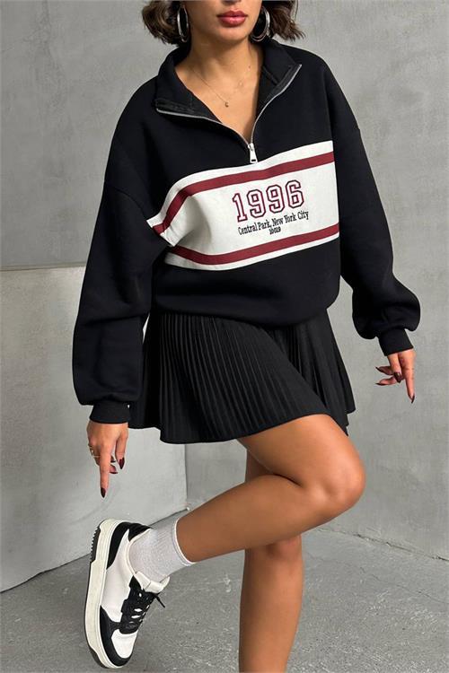 Dipmoda kadın siyah fermuar detaylı sweatshirt DPNBG060