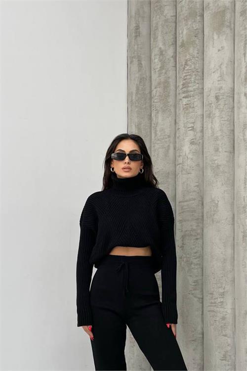 Dipmoda kadın siyah fitilli balıkçı yaka alt üst triko takım NBDM1215 