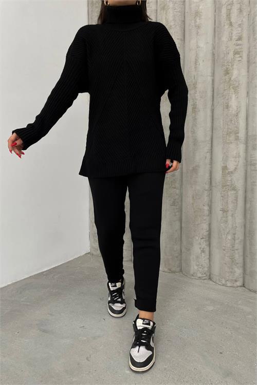 Dipmoda kadın siyah fitilli balıkçı yaka alt üst triko takım NBDM1215 