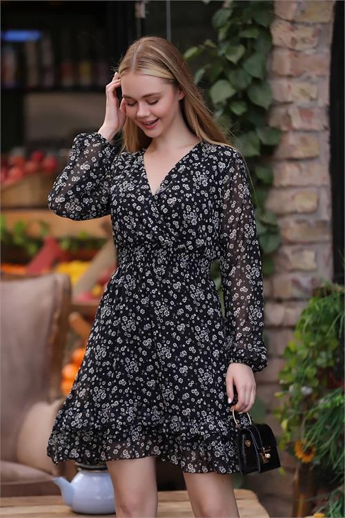 Dipmoda kadın siyah gipeli eteği fırfırlı desenli mini şifon elbise RSSN21 