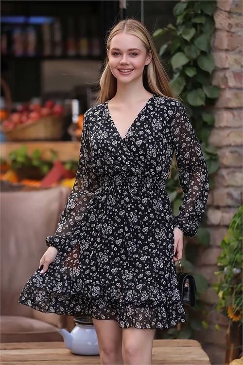 Dipmoda kadın siyah gipeli eteği fırfırlı desenli mini şifon elbise RSSN21 