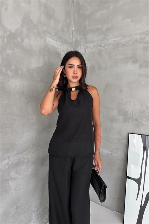 Dipmoda kadın siyah halter yaka kolsuz ikili yazlık premium takım DPK4647