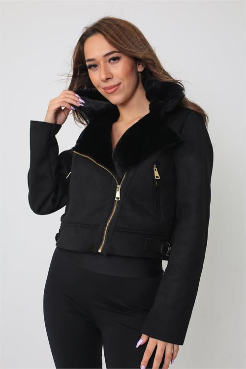 Dipmoda kadın siyah içi kürklü biker süet ceket MYLK12 