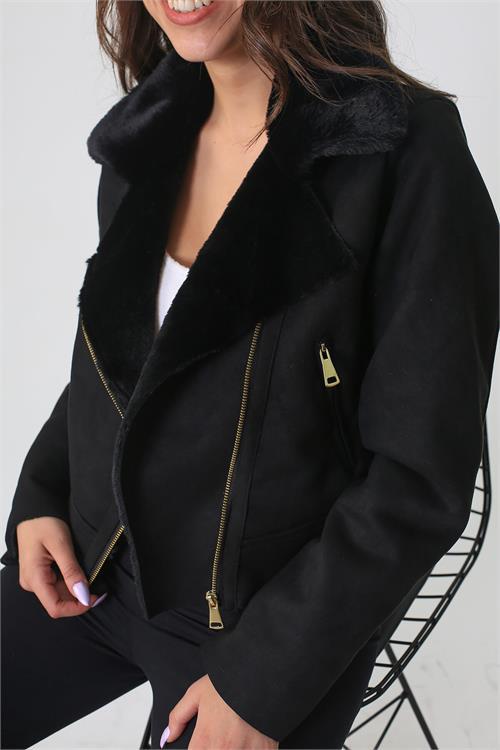 Dipmoda kadın siyah içi kürklü biker süet ceket MYLK12 