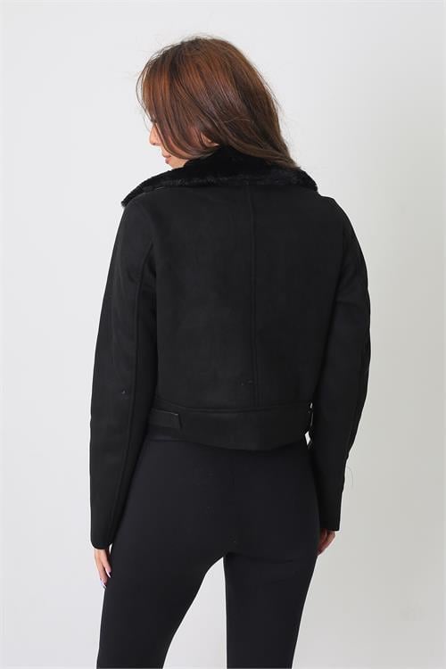 Dipmoda kadın siyah içi kürklü biker süet ceket MYLK12 