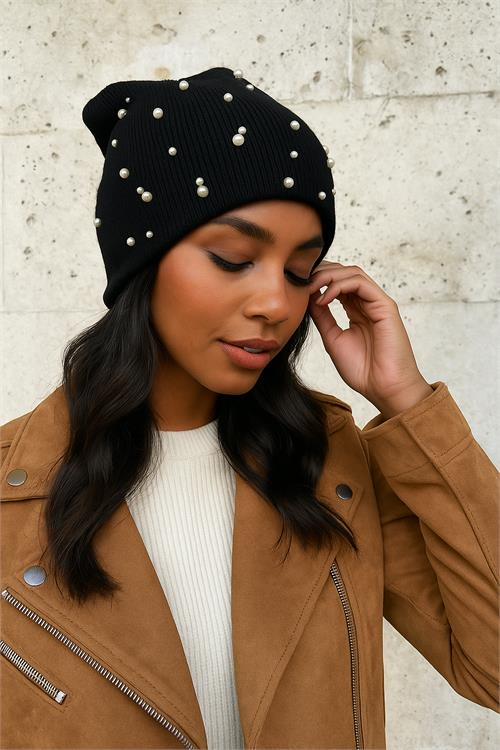 Dipmoda kadın siyah inci ve taş işlemeli triko bere DPAKS025