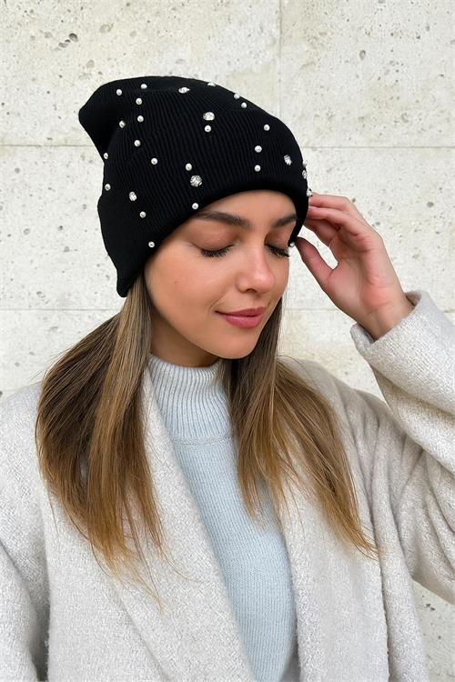 Dipmoda kadın siyah inci ve taş işlemeli triko bere DPAKS025