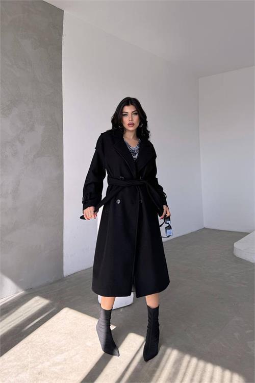Dipmoda kadın siyah ithal kumaş kaşe kaban NBMYLK26