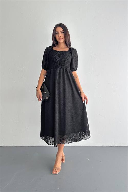 Dipmoda kadın siyah kare yaka dantel elbise DPK053