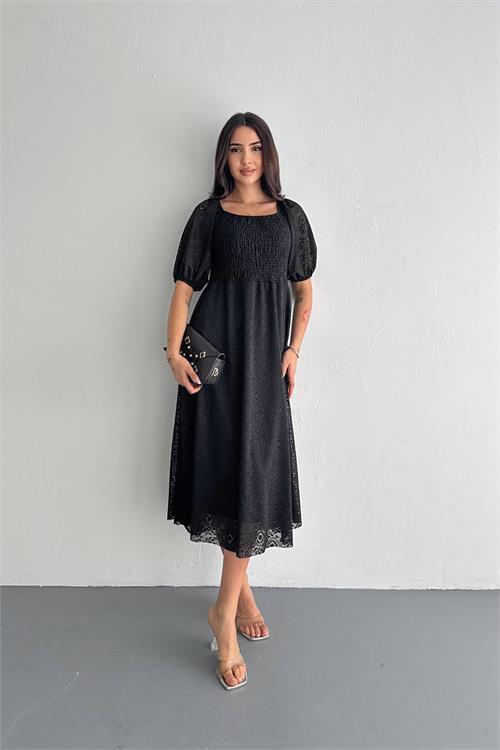 Dipmoda kadın siyah kare yaka dantel elbise DPK053