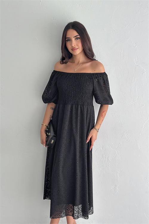 Dipmoda kadın siyah kare yaka dantel elbise DPK053