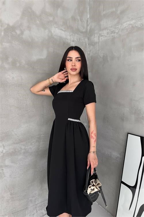 Dipmoda kadın siyah kare yaka taş detaylı etek drapeli midi boy elbise ---- DPK4621