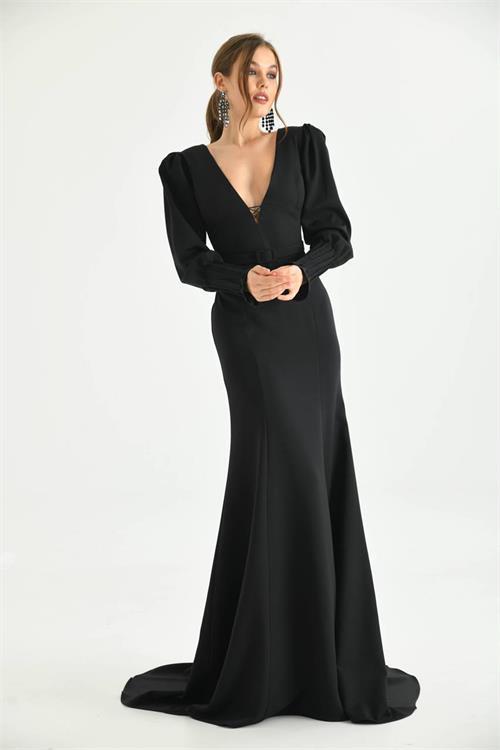 Dipmoda kadın siyah kemer ve dekolte detaylı uzun abiye elbise NBS9297 