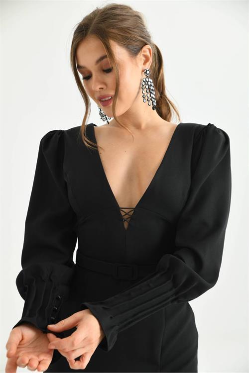 Dipmoda kadın siyah kemer ve dekolte detaylı uzun abiye elbise NBS9297 