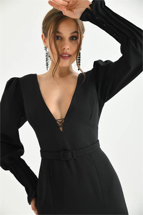 Dipmoda kadın siyah kemer ve dekolte detaylı uzun abiye elbise NBS9297 