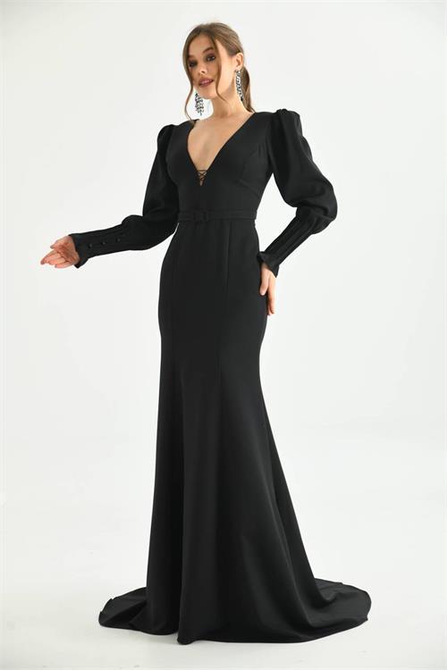 Dipmoda kadın siyah kemer ve dekolte detaylı uzun abiye elbise NBS9297 