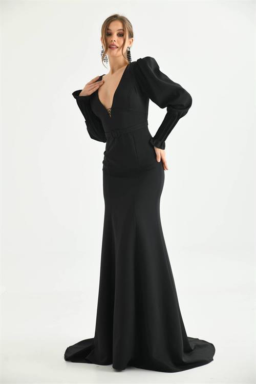 Dipmoda kadın siyah kemer ve dekolte detaylı uzun abiye elbise NBS9297 