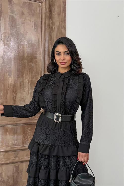 Dipmoda kadın siyah kemerli dantel detaylı elbise DPMS2547