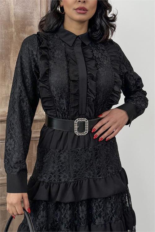 Dipmoda kadın siyah kemerli dantel detaylı elbise DPMS2547