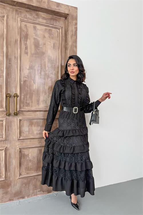 Dipmoda kadın siyah kemerli dantel detaylı elbise DPMS2547