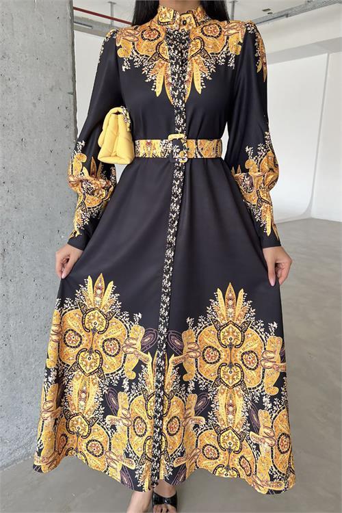 Dipmoda kadın siyah kemerli tasarım elbise DPMS4277