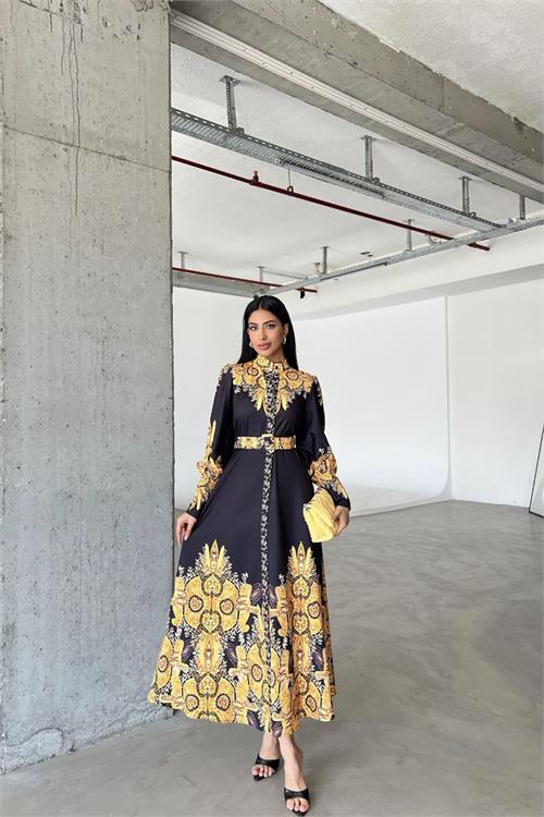 Dipmoda kadın siyah kemerli tasarım elbise DPMS4277