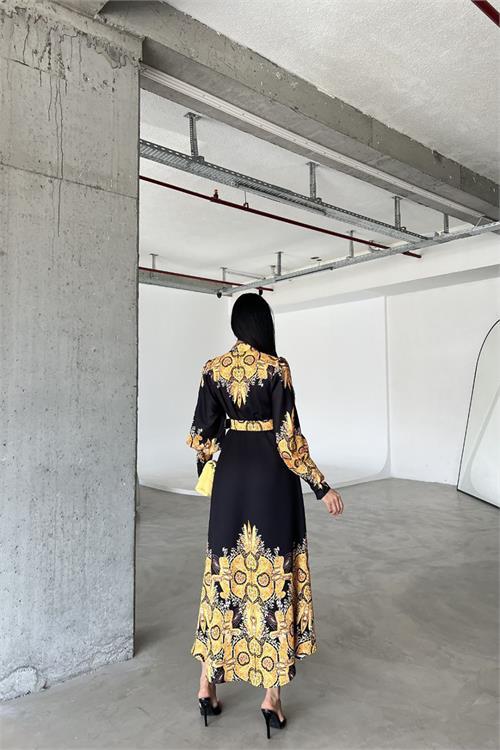 Dipmoda kadın siyah kemerli tasarım elbise DPMS4277