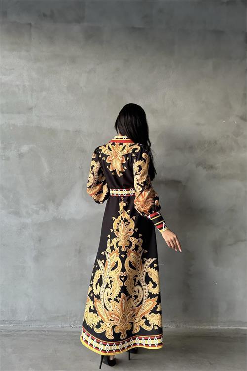 Dipmoda kadın siyah kemerli uzun elbise DPMS2395