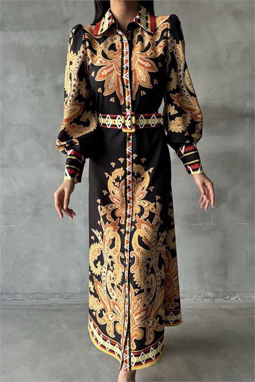 Dipmoda kadın siyah kemerli uzun elbise DPMS2395