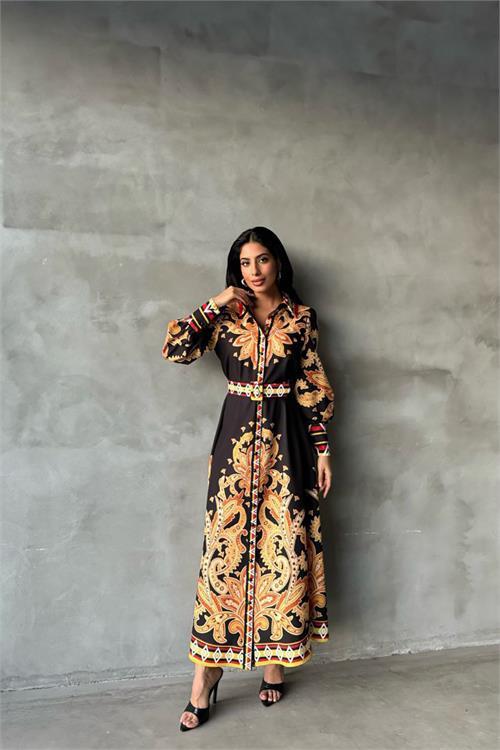 Dipmoda kadın siyah kemerli uzun elbise DPMS2395