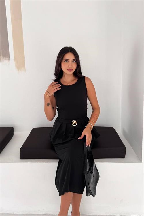 Dipmoda kadın siyah kolsuz peplum kesim midi boy kemer tokalı elbise DPK4640