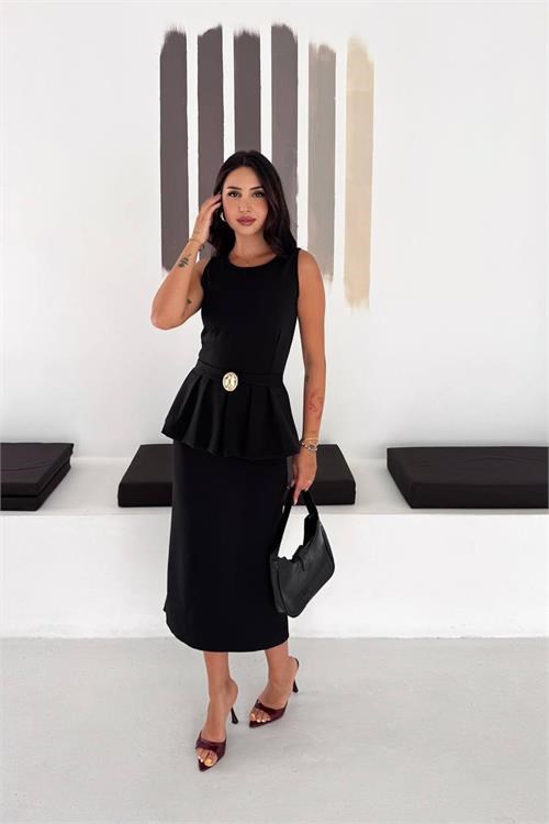 Dipmoda kadın siyah kolsuz peplum kesim midi boy kemer tokalı elbise DPK4640