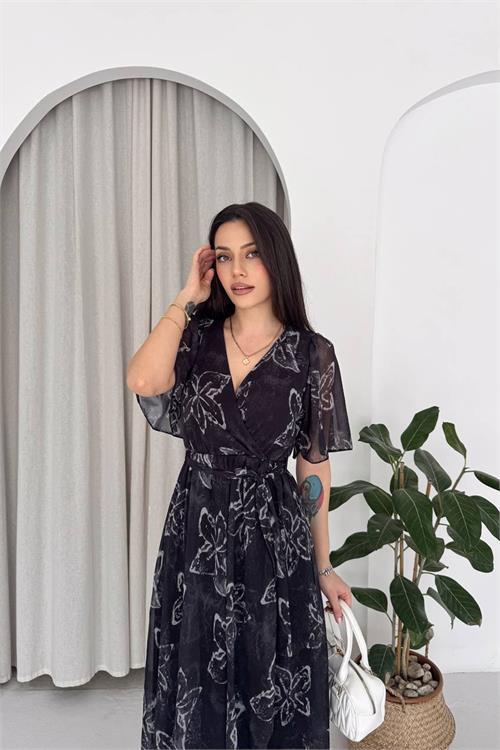Dipmoda kadın siyah kruvaze yaka desenli midi boy şifon elbise DPK4587