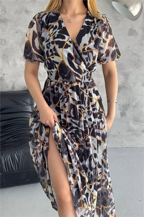 Dipmoda kadın siyah kruvaze yaka desenli şifon elbise NBQ001 