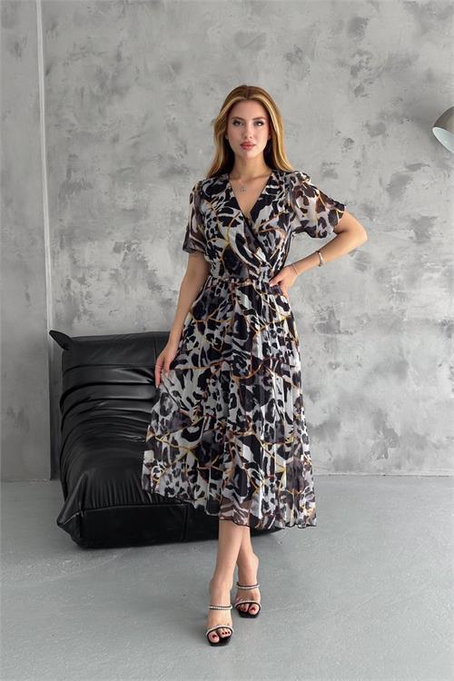 Dipmoda kadın siyah kruvaze yaka desenli şifon elbise NBQ001 