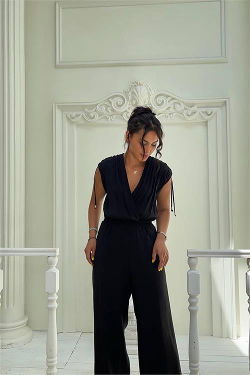 Dipmoda kadın siyah kruvaze yaka yazlık tulum DPMY3805