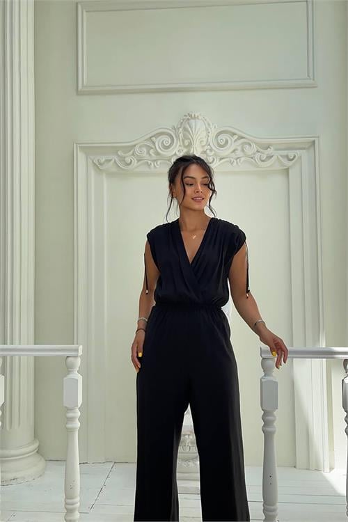 Dipmoda kadın siyah kruvaze yaka yazlık tulum DPMY3805