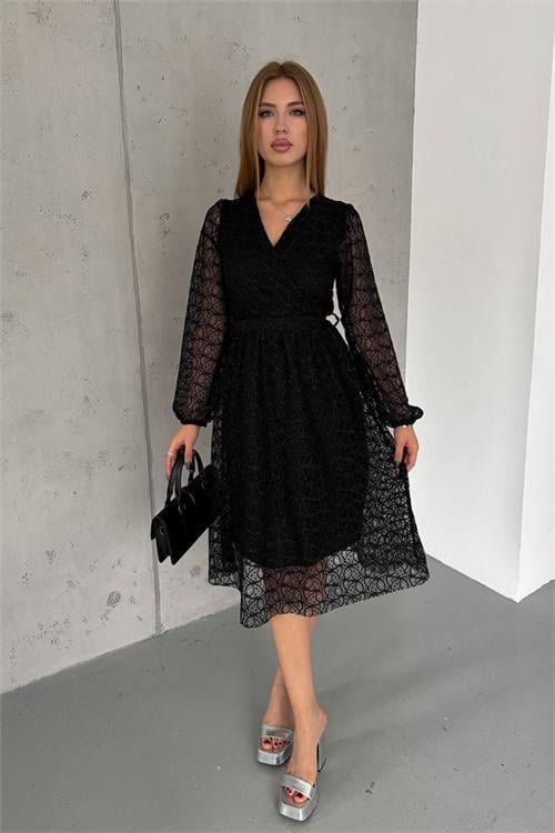 Dipmoda kadın siyah kuşaklı kruvaze yaka dantel elbise NBK2061 