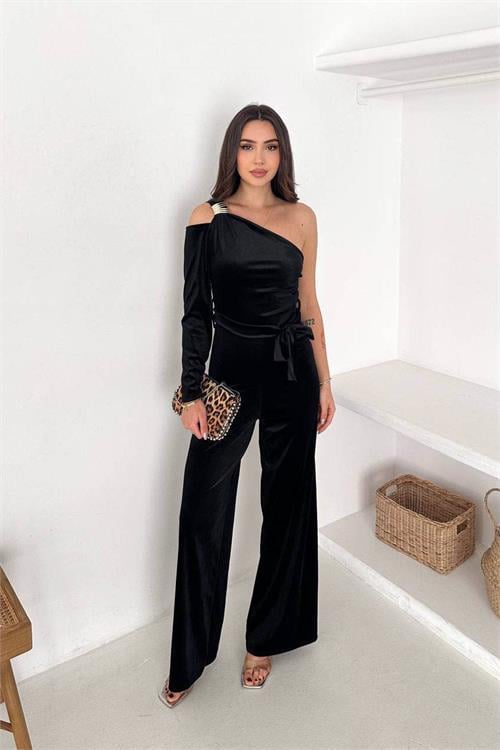 Dipmoda kadın siyah kuşaklı tek omuz kadife kumaş tulum DPK068