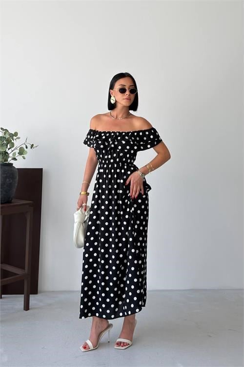 Dipmoda kadın siyah madonna yaka fırfır detaylı desenli midi boy elbise DPG136