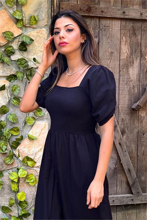 Dipmoda kadın siyah madonna yaka gipeli yazlık uzun elbise SNP007 