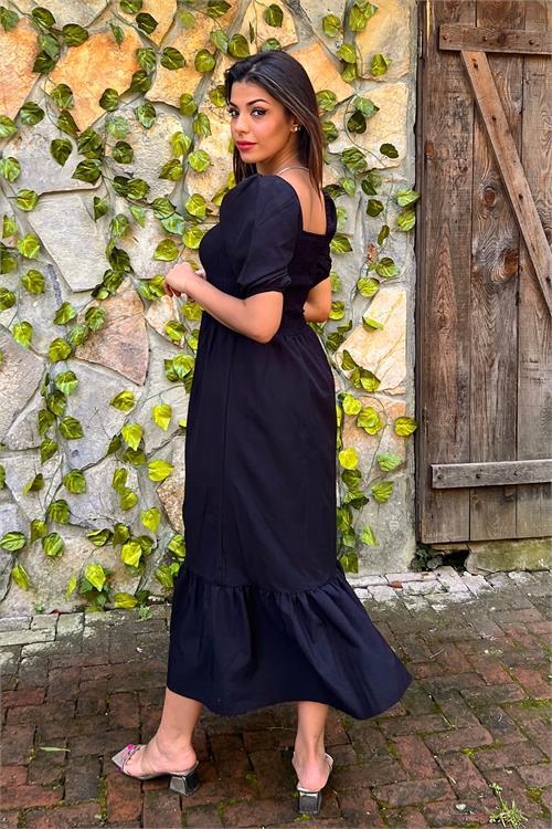 Dipmoda kadın siyah madonna yaka gipeli yazlık uzun elbise SNP007 